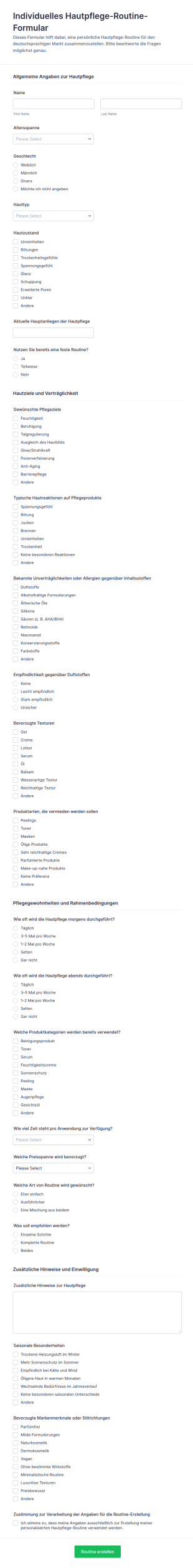 Individuelle Pflegeroutine Umfrage