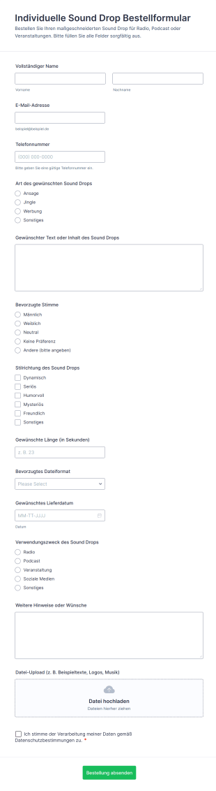 Individuelle Sound Drop Bestellformular