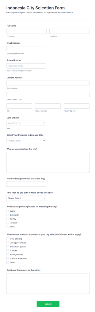 Indonesia City Selection Form Template
