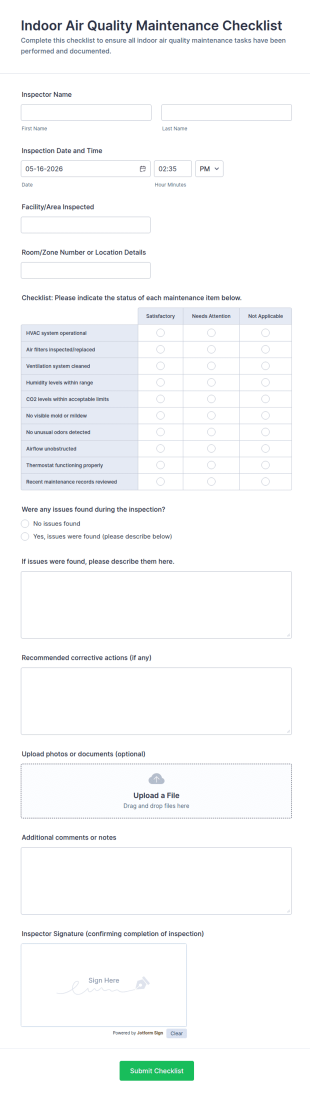 Indoor Air Quality Maintenance Checklist Form Template