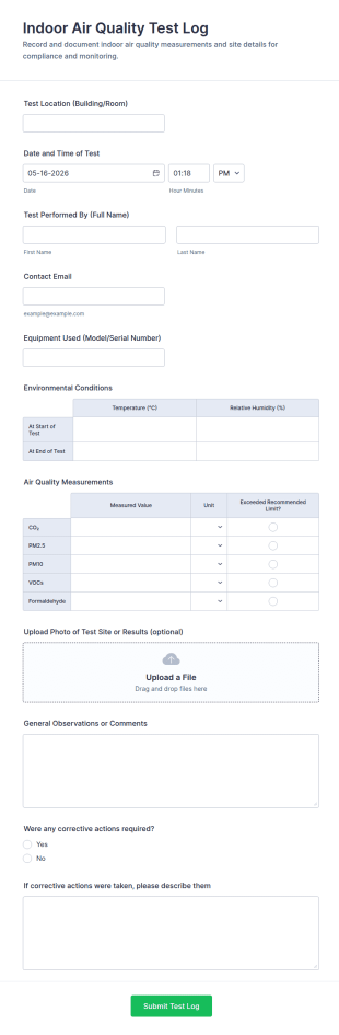 Indoor Air Quality Test Log Form Template