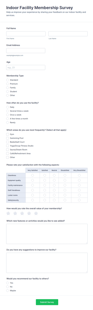 Indoor Facility Membership Survey Form Template