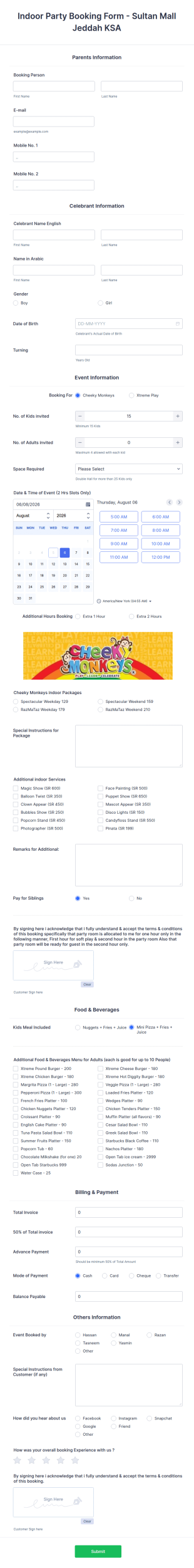 Indoor Party Booking Form Template