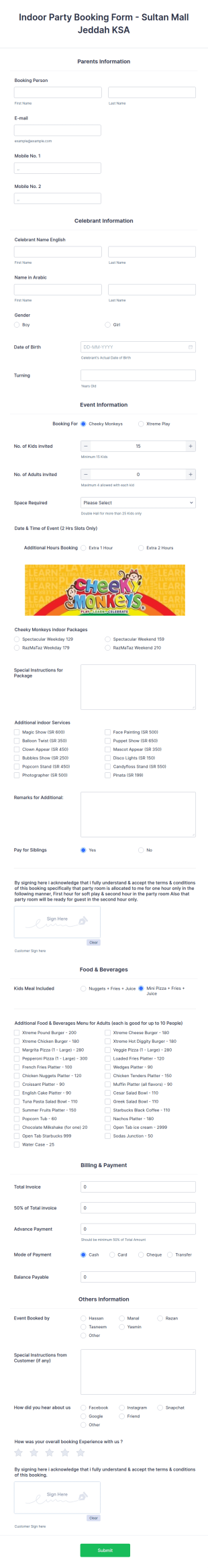 Indoor Party Booking Form Template