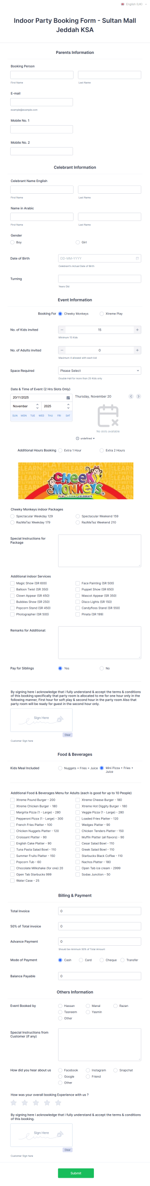 Indoor Party Booking Form Template