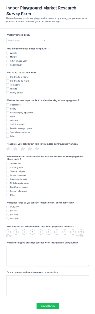 Indoor Playground Market Research Survey Form Template