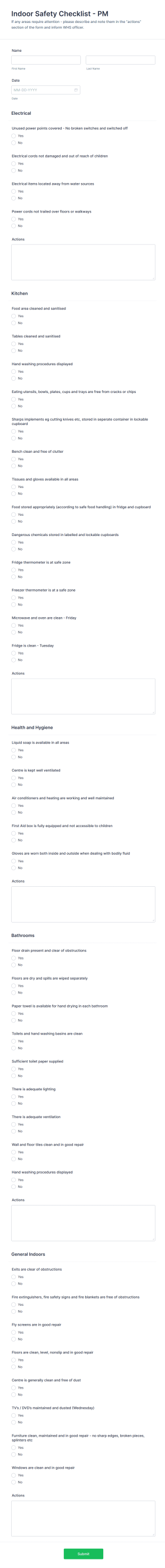 Indoor Safety Checklist Form Template