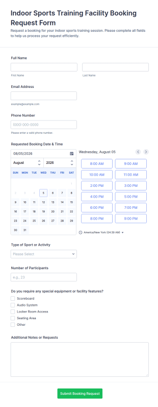 Indoor Sports Training Facility Booking Request Form Template