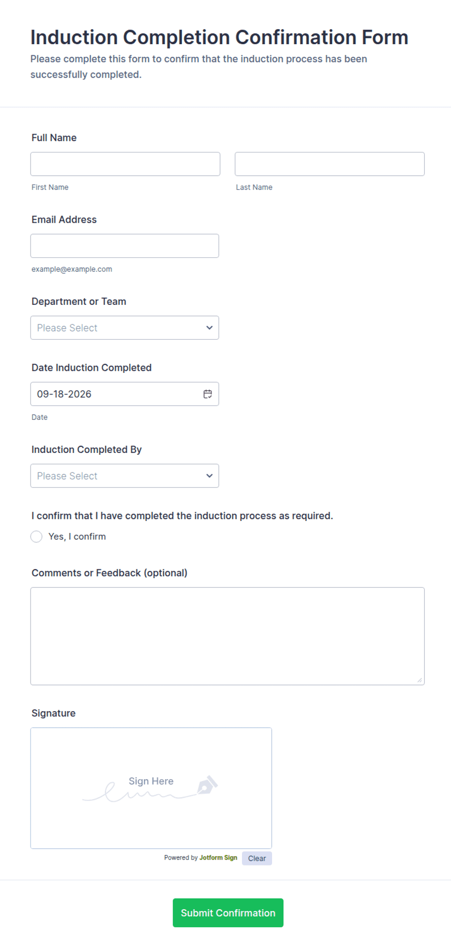Induction Completion Confirmation Form Template | Jotform
