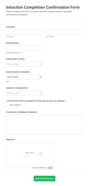 Induction Completion Confirmation Form Template