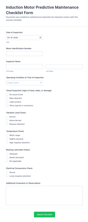 Induction Motor Predictive Maintenance Checklist Form Template