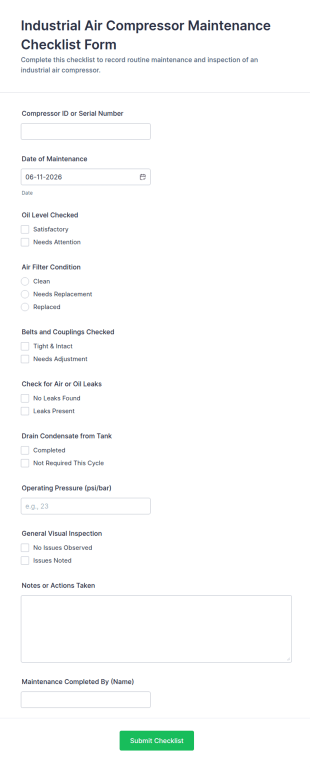 Industrial Air Compressor Maintenance Checklist Form Template