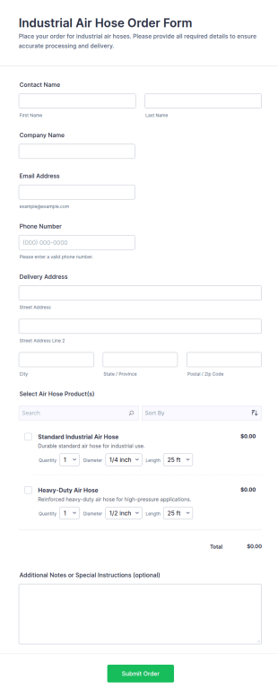 Industrial Air Hose Order Form Template
