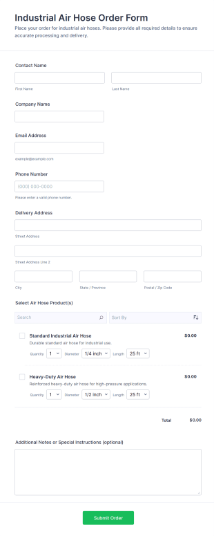 Industrial Air Hose Order Form Template