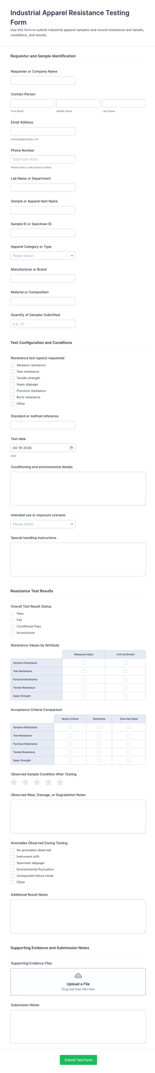 Industrial Apparel Resistance Testing Form Template