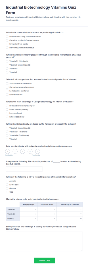 Industrial Biotechnology Vitamins Quiz Form Template