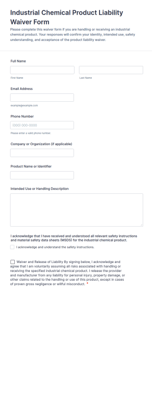 Industrial Chemical Product Liability Waiver Form Template