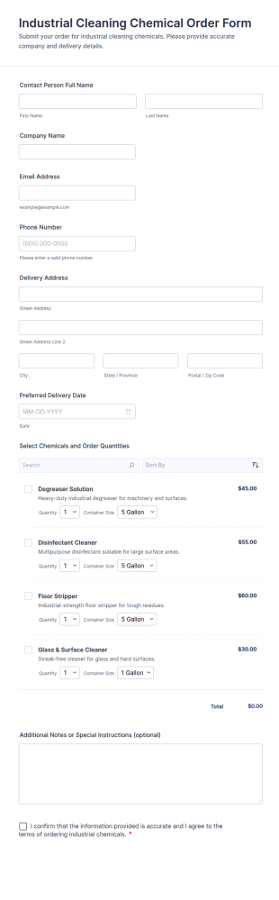 Industrial Cleaning Chemical Order Form Template