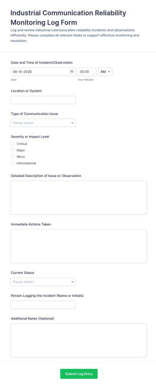 Industrial Communication Reliability Monitoring Log Form Template