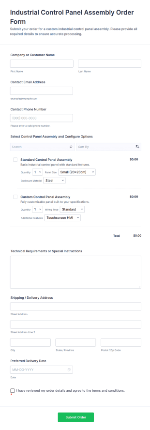 Industrial Control Panel Assembly Order Form Template