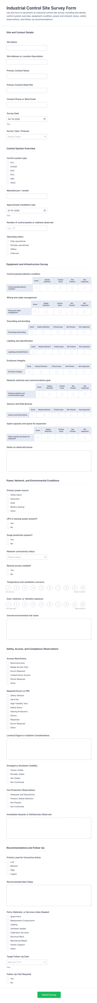 Industrial Control Site Survey Form Template