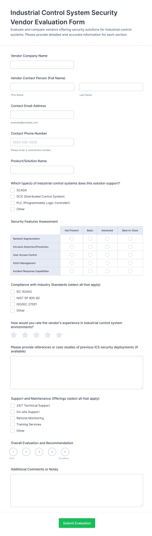 Industrial Control System Security Vendor Evaluation Form Template