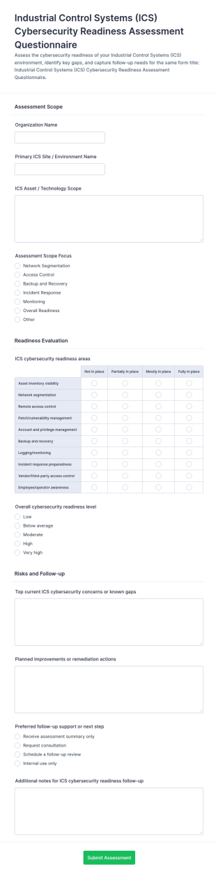Industrial Control Systems (ICS) Cybersecurity Readiness Assessment Form Template