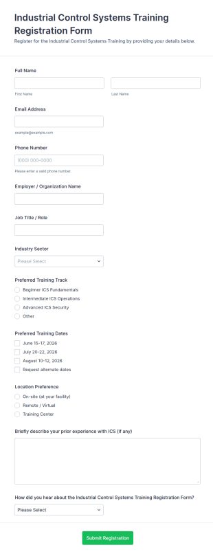 Industrial Control Systems Training Registration Form Template