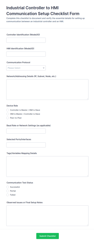 Industrial Controller To HMI Communication Setup Checklist Form Template