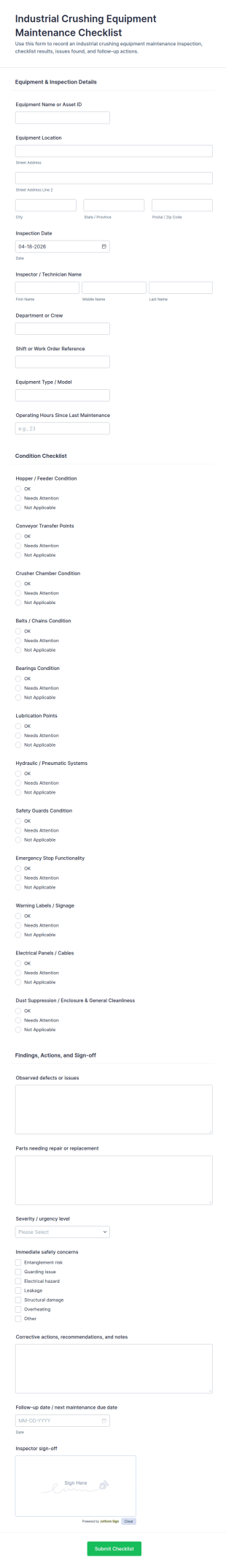 Industrial Crushing Equipment Maintenance Checklist Form Template
