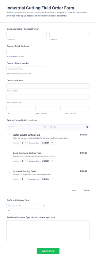 Industrial Cutting Fluid Order Form Template