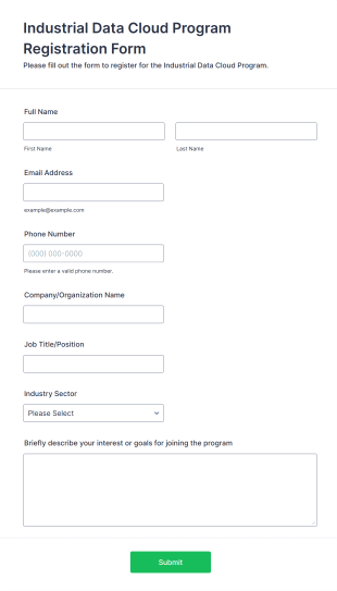Industrial Data Cloud Program Registration Form Template