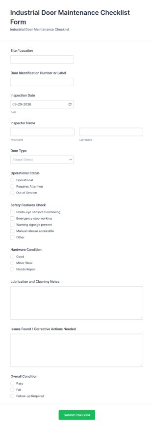 Industrial Door Maintenance Checklist Form Template