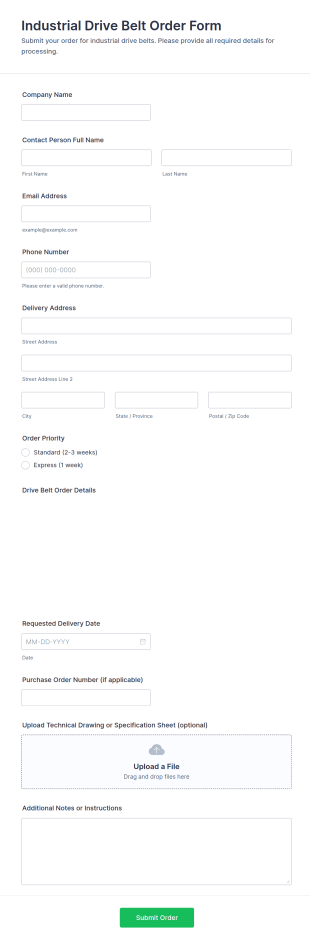 Industrial Drive Belt Order Form Template