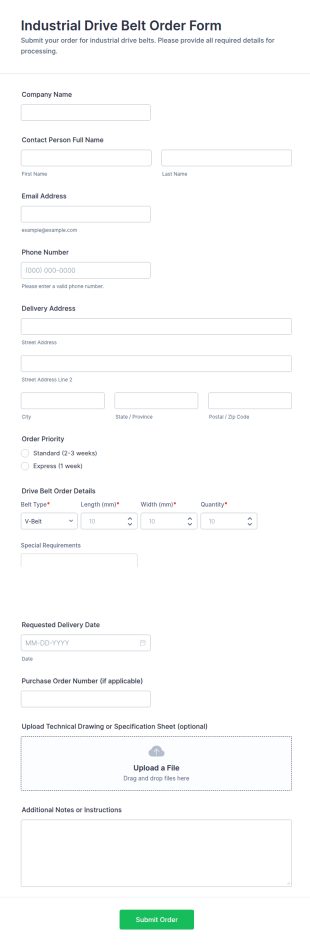Industrial Drive Belt Order Form Template