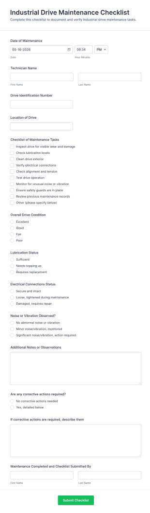 Industrial Drive Maintenance Checklist Form Template