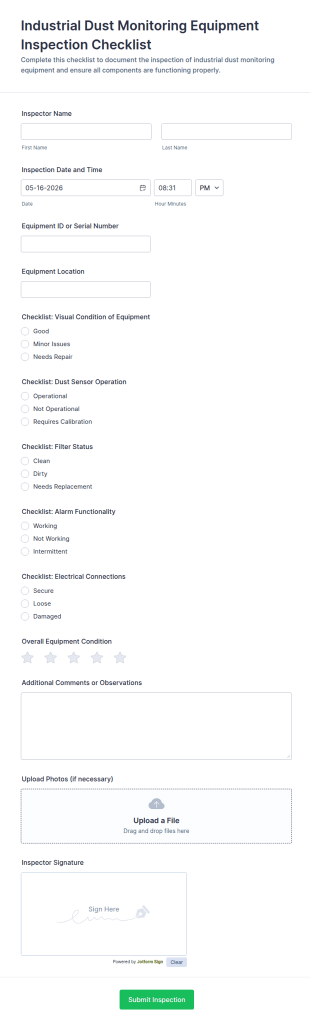 Industrial Dust Monitoring Equipment Inspection Checklist Form Template