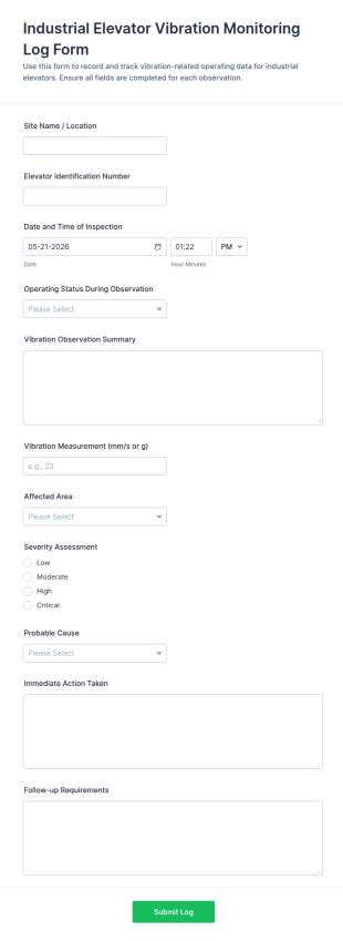 Industrial Elevator Vibration Monitoring Log Form Template