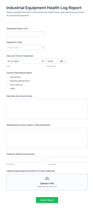 Industrial Equipment Health Log Report Form Template