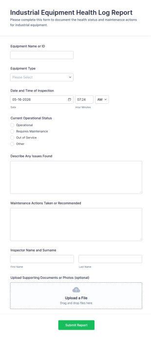Industrial Equipment Health Log Report Form Template