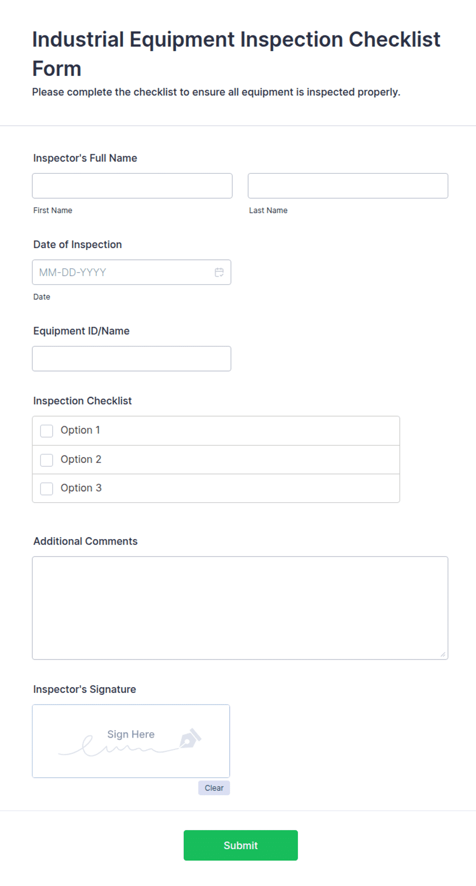 Industrial Equipment Inspection Checklist Form Template | Jotform