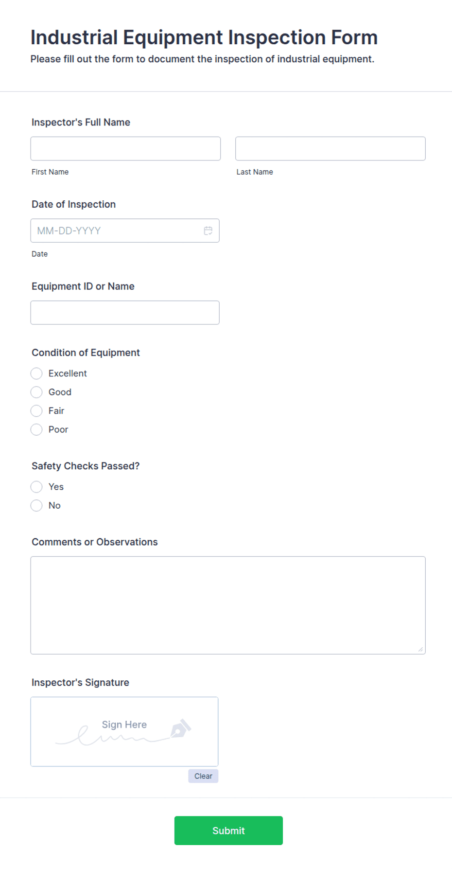 Part Inspection Form Industrial Equipment Inspection Form | Jotform