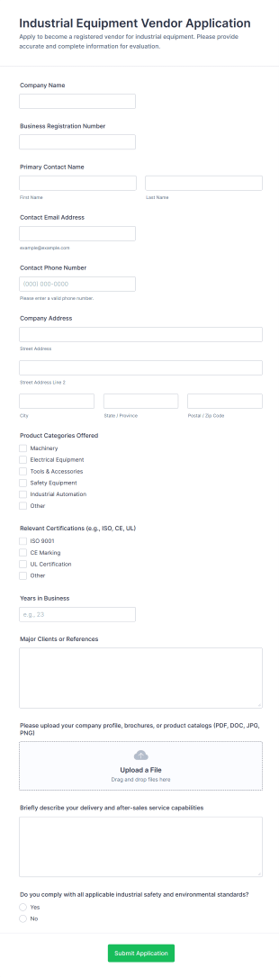 Industrial Equipment Vendor Application Form Template