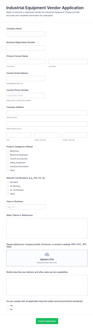 Industrial Equipment Vendor Application Form Template