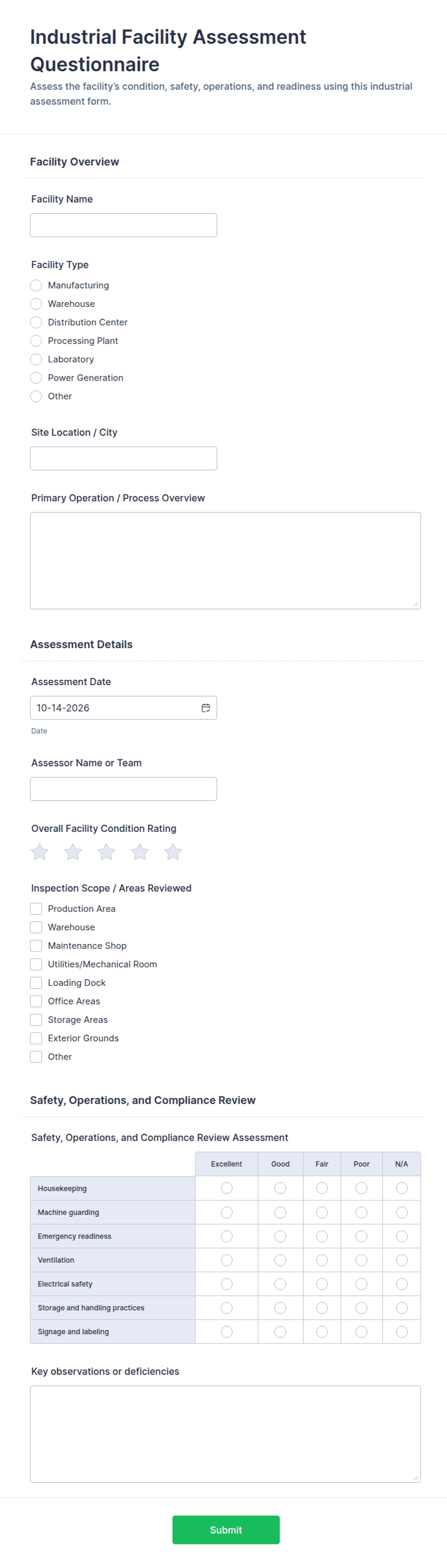 Industrial Facility Assessment Questionnaire Form Template | Jotform
