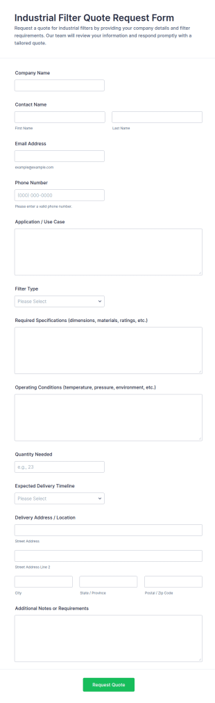 Industrial Filter Quote Request Form Template