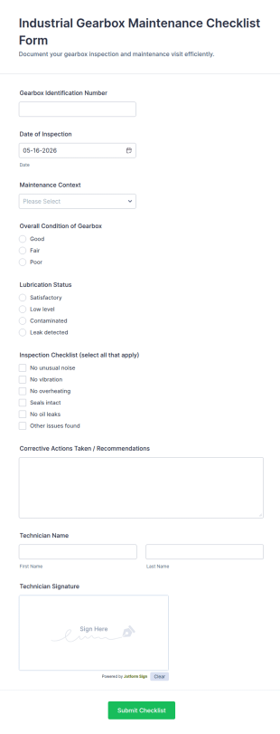 Industrial Gearbox Maintenance Checklist Form Template