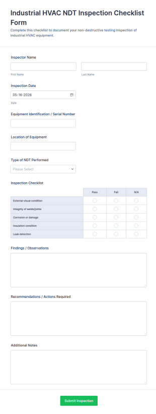Industrial HVAC NDT Inspection Checklist Form Template