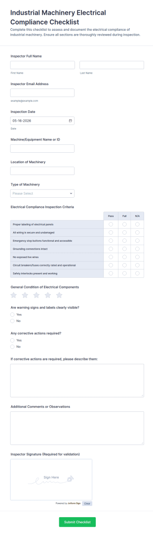 Industrial Machinery Electrical Compliance Checklist Form Template