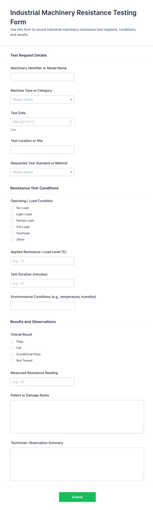 Industrial Machinery Resistance Testing Form Template